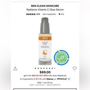 New in Box REN CLEAN SKINCARE Radiance Vitamin C Glow Serum